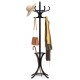 Wood standing coat rack in black with curved hooks, umbrella stand, and compact design for stylish entryway organization.