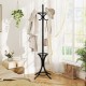 Wood standing coat rack with umbrella stand in black, showcasing a hollow-out design and elegant curved hooks for stylish functionality.