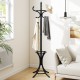Wood standing hat coat rack in black with umbrella stand, featuring curved hooks and a compact design for stylish storage.