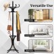 Wood standing hat coat rack with umbrella stand in black, featuring a stylish design and compact structure for versatile use.