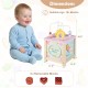 Wooden activity cube for toddlers with removable blocks, pretend kitchen, and hidden storage, promoting sensory play.