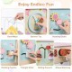 Wooden activity cube featuring sensory toys, shape matching blocks, and a pretend kitchen for toddlers 18+ months.