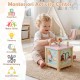 Wooden activity cube with dessert theme, featuring removable blocks and storage, designed for toddlers 18+ months.