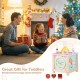 Wooden activity cube for toddlers featuring a dessert theme, shape matching blocks, and hidden storage for organized.