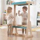 Wooden art easel for kids featuring a transparent board and paper roll, ideal for creative play and outdoor painting.