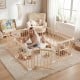 Wooden baby playpen in natural finish, featuring adjustable size, dual-opening door, and interactive toys for safe play.