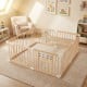 Wooden baby playpen with adjustable size, natural pine wood, and interactive toys for safe infant playtime.