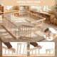 Wooden baby playpen with dual-opening door and childproof lock, designed for safe playtime and adjustable to fit.