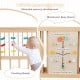 Wooden baby playpen with interactive toys, including counting beads and gears, for safe and engaging playtime.