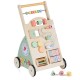 Wooden baby walker with wheels, featuring 10 games, sturdy handle, and storage basket for engaging play and motor skill.