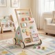 Wooden baby walker with wheels and storage basket featuring 10 games, designed for improving motor skills and stability.