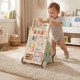 Wooden baby walker with wheels and storage basket, featuring engaging games for motor skill development and safety.