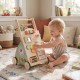 Wooden baby walker with wheels and storage basket, featuring engaging games for motor skill development and stability.