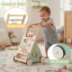 Wooden baby walker with wheels and storage basket, featuring smooth handle and anti-slip wheels for safe first steps.