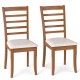 Set of 2 wooden dining chairs with beige upholstered seats and slatted backrest for versatile kitchen or dining use.