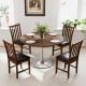Round dining table set featuring a wooden table and two brown rubber wood chairs with padded seats for comfortable.
