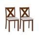 Set of 2 wooden dining chairs with padded beige seats and X-shaped backs, perfect for elegant dining spaces.