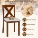 Wooden dining chair with padded seat, acacia wood legs, and X-shaped back, designed for comfort and style in dining.