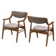 Set of 2 walnut wooden dining chairs with padded seats and backrests, featuring ergonomic armrests for comfort.