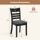 Black wooden dining chair with slatted back, upholstered seat, and dimensions for kitchen or dining room use.
