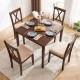 Wooden dining table set with four walnut chairs, featuring upholstered seats and ergonomic backrests for comfort.