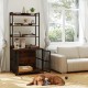 Wooden dog crate furniture in rustic brown with storage shelves and double doors, perfect for small to medium dogs.