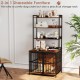 Wooden dog crate furniture in rustic brown with storage shelves, ideal for small dogs and versatile home decor.