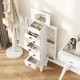Top view of a white wooden jewelry armoire cabinet showcasing open drawers and swing doors for easy access to jewelry.