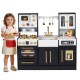 Front view of the Wooden Kids Kitchen Playset in black, showcasing the realistic stove, sink, and interactive elements.