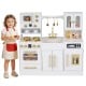 Interactive wooden kids kitchen playset in white, showcasing a child holding pretend food with stoves and realistic.