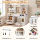 Wooden kids kitchen playset in white with ample storage, featuring a top cabinet and hanging hooks for organization.