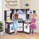 Wooden kids play kitchen playset in coffee color, showcasing a washing machine and lighted microwave for interactive.
