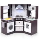 Wooden kids play kitchen playset in coffee color, showcasing the lighted range hood and stovetop for immersive cooking.