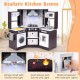 Wooden kids play kitchen playset with realistic lights and sounds, featuring a lighted range hood and stove for.