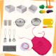 Wooden kids play kitchen set featuring cooking accessories like pots, utensils, apron, and chef hat for imaginative.