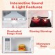 Interactive wooden kids play kitchen features illuminated range hood, glowing stovetop, and microwave for imaginative.