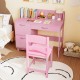 Pink wooden kids study desk and chair set with storage drawers and book sorters for organized learning space.