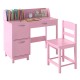 Pink wooden kids study desk and chair set with storage drawers and book sorters, perfect for children's study areas.