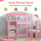 Wooden kids study desk and chair set in pink with spacious tabletop, deep drawer, and two cabinets for organizing.