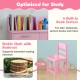 Wooden kids study desk and chair set in pink with 4 book sorters, solid pine frame, and ergonomic design for comfort.