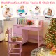 Pink wooden kids' study desk and chair set with storage, ergonomic design, perfect for homework and crafting.