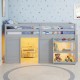 Gray wooden low kids loft bed with LED lights, under-bed play area, and ample storage for toys and books.