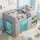 Wooden low kids loft bed in gray with LED lights, spacious under-bed play area, and ample storage for toys and books.