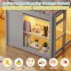 Wooden low kids loft bed in gray with 2-tier storage shelves, LED lights, and ample space for toys and books.