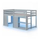 Wooden low kids loft bed in gray with LED lights, spacious under-bed area, and two doors for easy access and storage.