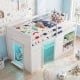 Wooden low kids loft bed in white with a 2-step ladder, LED lights, and a cozy under-bed play area for imaginative.