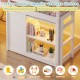 Wooden low kids loft bed with LED lights, spacious under-bed storage for toys, books, and snacks, in white finish.