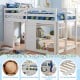 Wooden low kids loft bed in white with LED lights, security guard rail, and under-bed storage for play and organization.