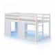 Wooden low kids loft bed in white with LED lights, spacious under-bed area, and two doors for storage and play.