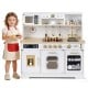 Wooden play kitchen for kids featuring realistic lights, sounds, and accessories, perfect for imaginative play and.